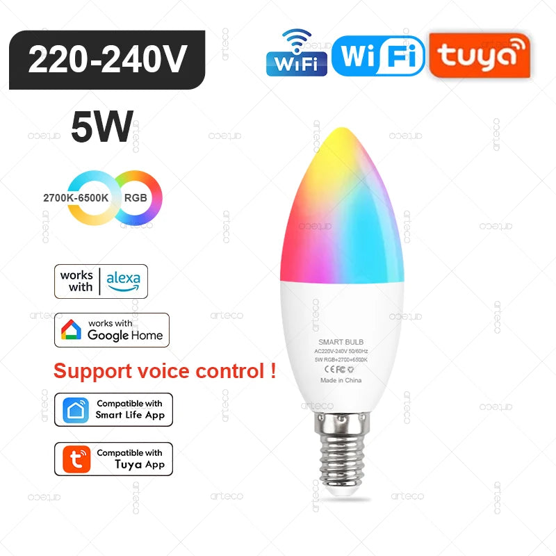 Tuya E27 E14 GU10 Bulb WIFI Zigbee Bluetooth,Dimmable Smart LED Lamp 2700-6500K RGB,LED Light Bulb Work With Alexa Amazon Google