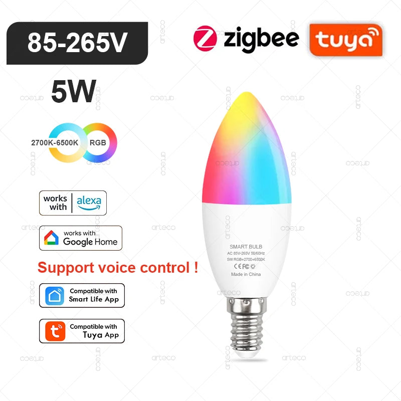 Tuya E27 E14 GU10 Bulb WIFI Zigbee Bluetooth,Dimmable Smart LED Lamp 2700-6500K RGB,LED Light Bulb Work With Alexa Amazon Google