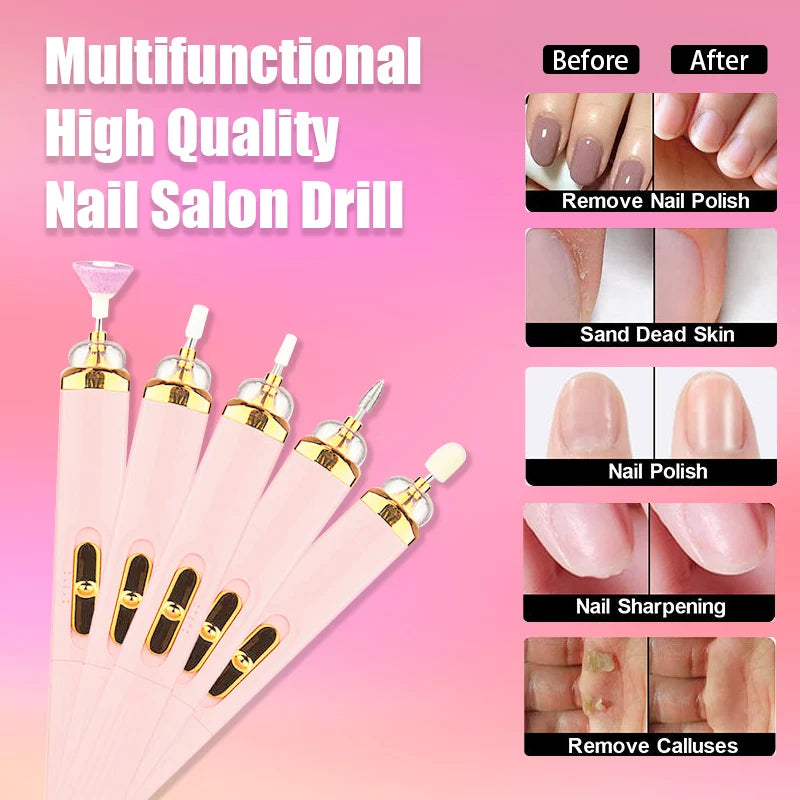 5 in 1 Electric Nail Polish Drill Machine With Light Portable Mini Electric Manicure Art Pen Tools For Gel Remover